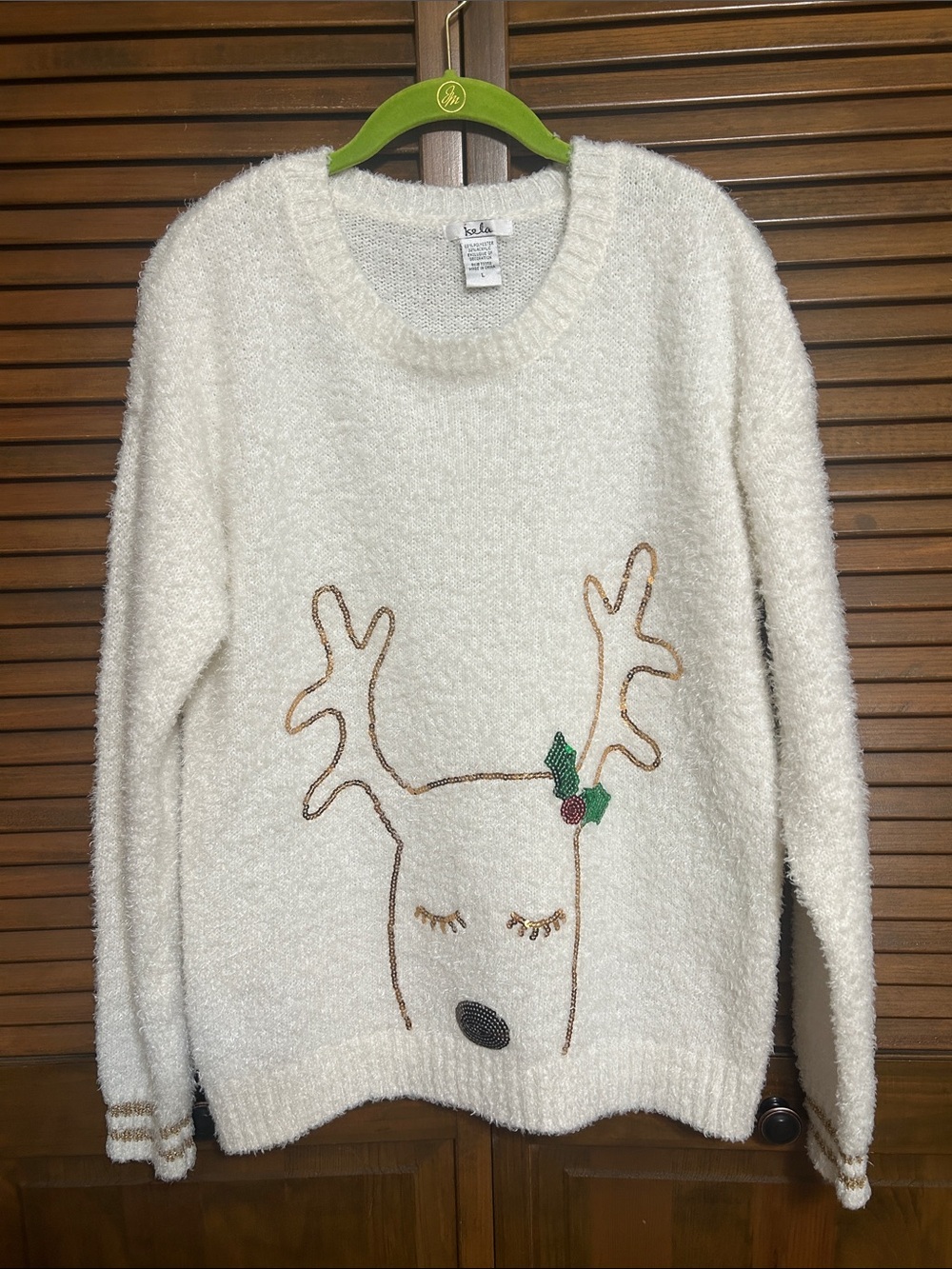 Kela Sequin Reindeer Soft Holiday Christmas Long Sleeve Cream Sweater Size L